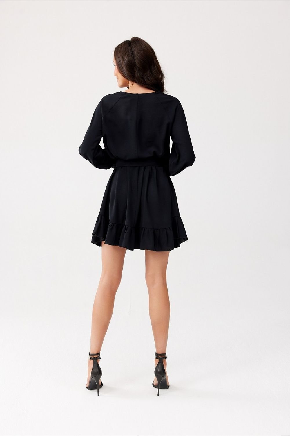 black ruffle belted day dress detail view