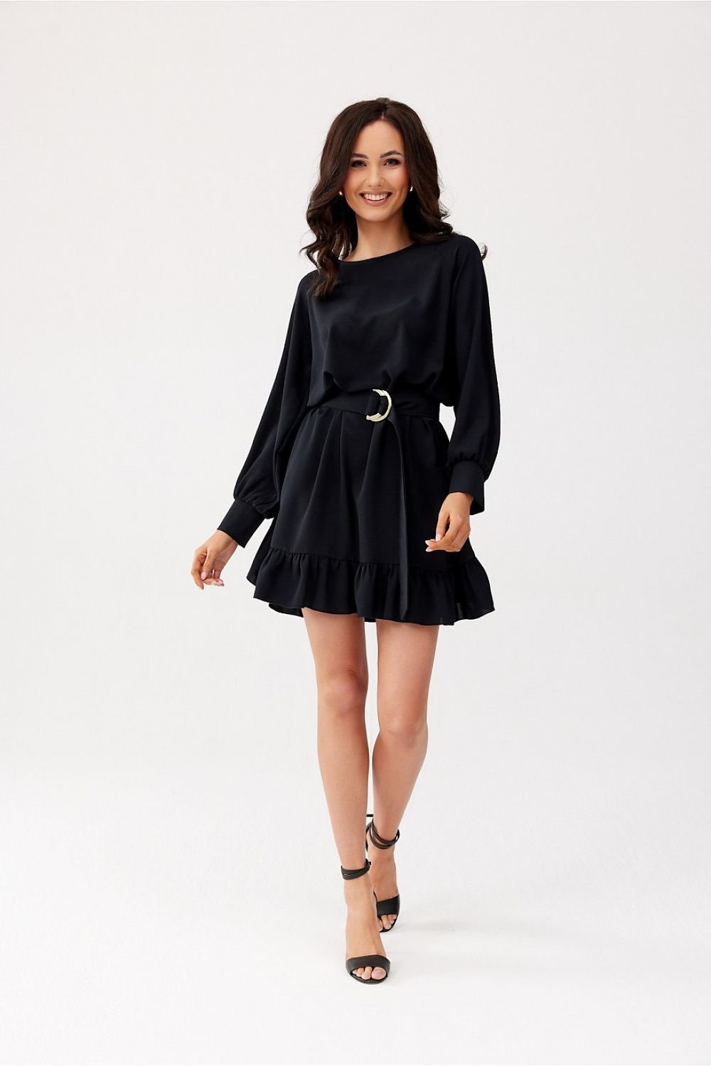 black ruffle belted day dress back view