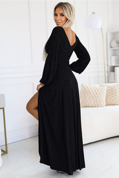 black long sleeve v-neck long dress alternate angle