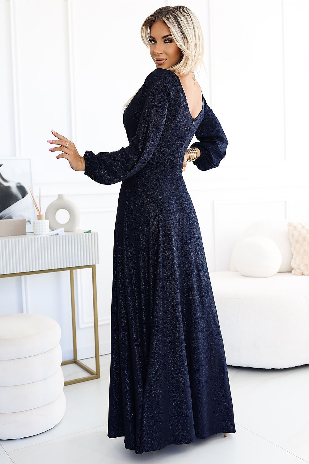 black long sleeve v-neck long dress back view