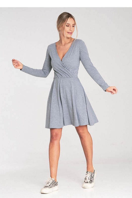 grey flared long sleeve day dress front view