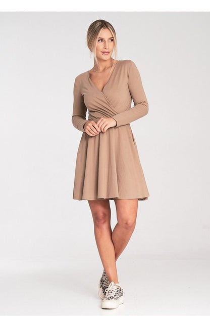 grey flared long sleeve day dress side view