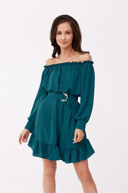 green lace ruffle day dress front view