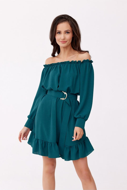 green lace ruffle day dress front view