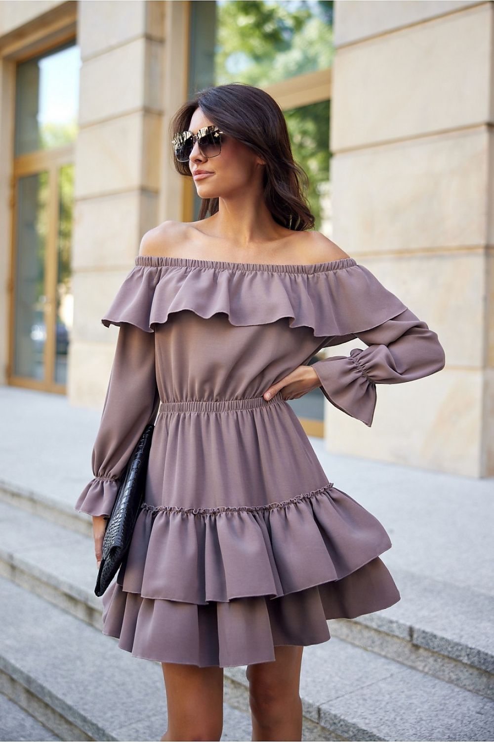beige flared ruffle day dress front view