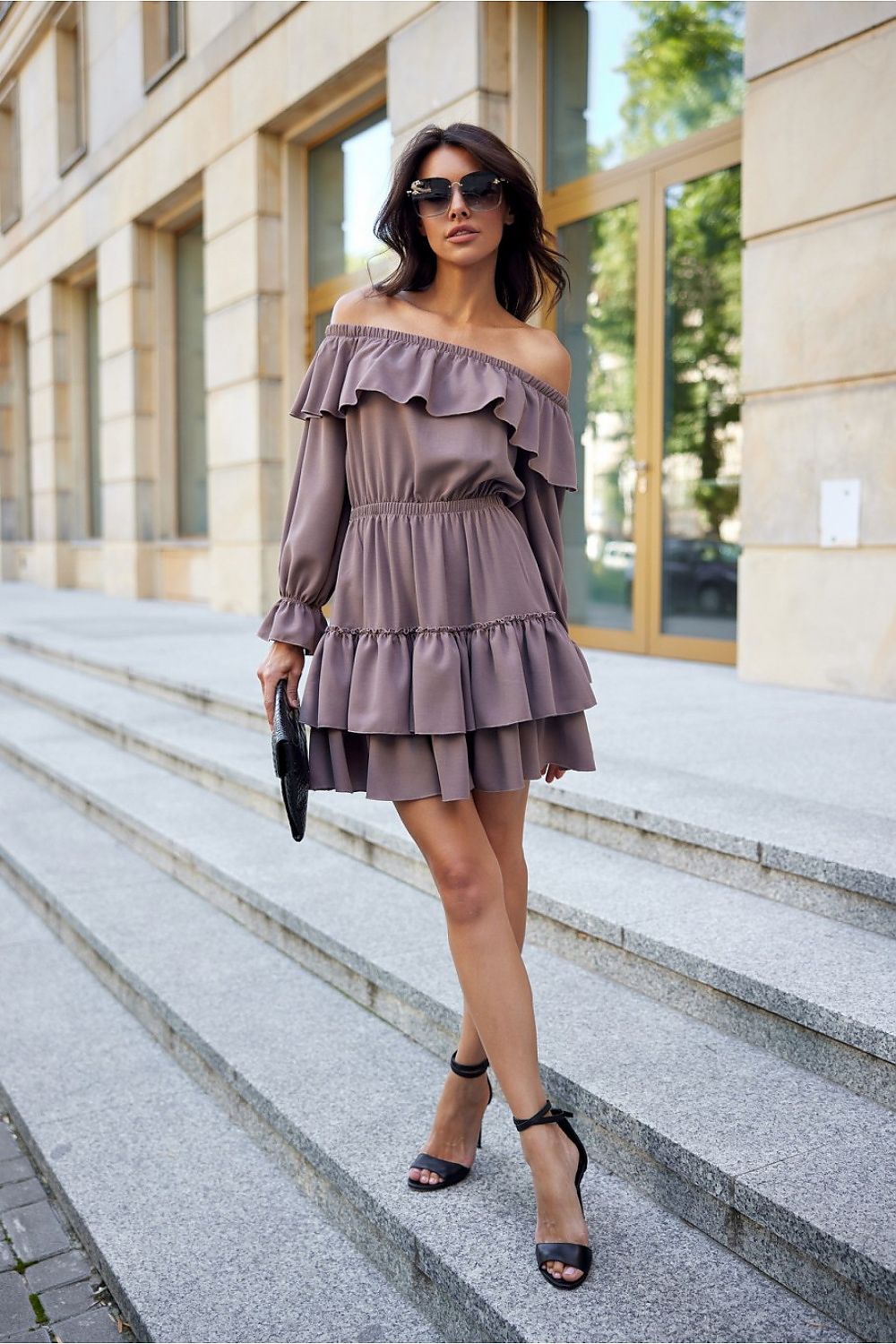 beige flared ruffle day dress alternate angle