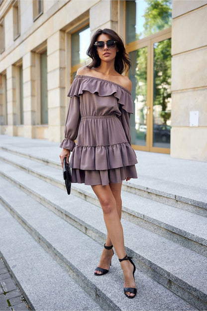 beige flared ruffle day dress alternate angle