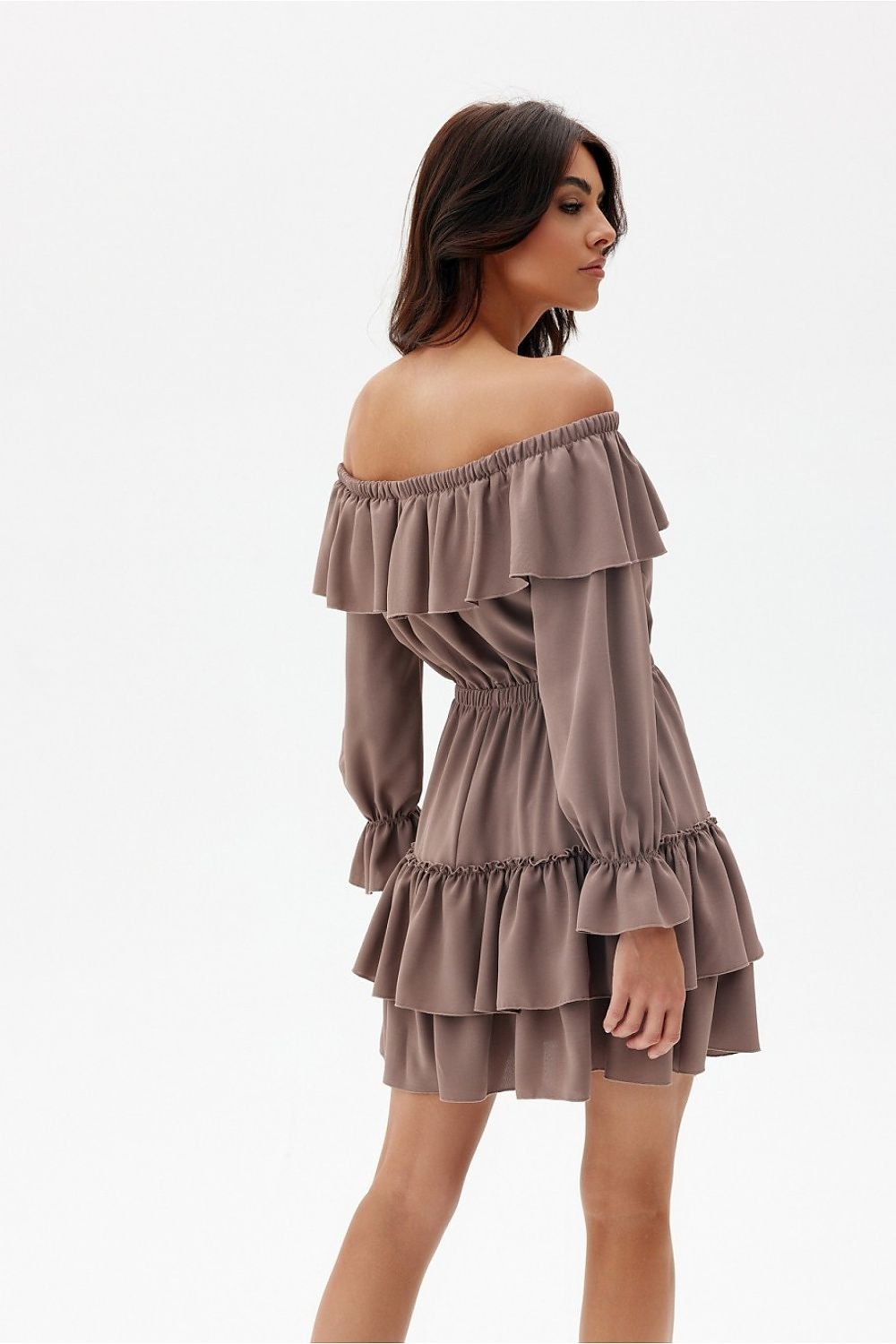 beige flared ruffle day dress detail view