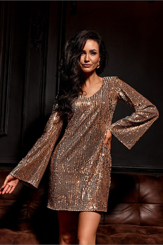 beige sequin flared short dress front view