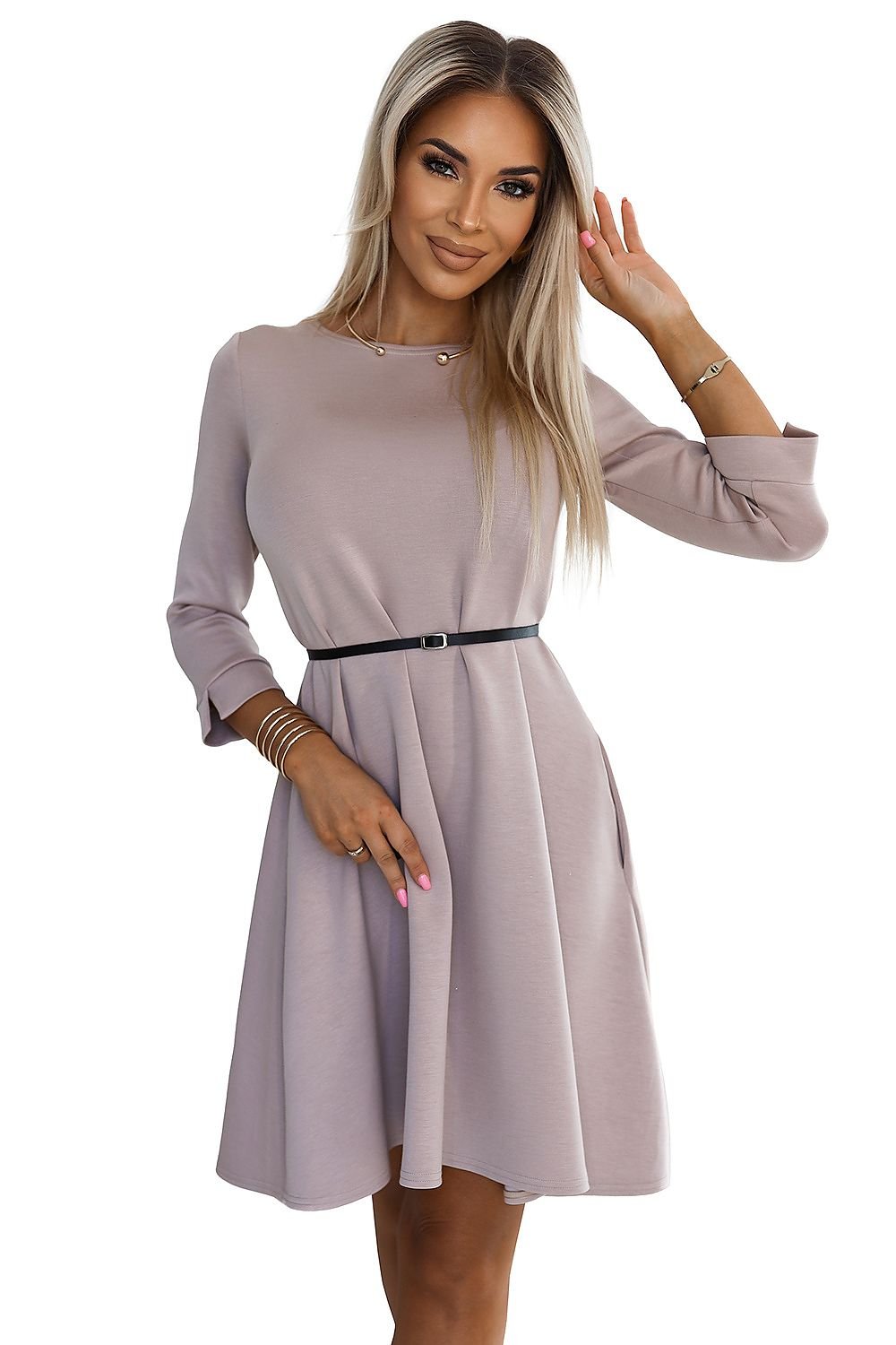 beige belted day dress front view