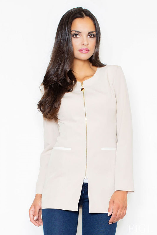 mini elegant beige long knit jacket – trendy, comfortable & flattering fit for modern women front view