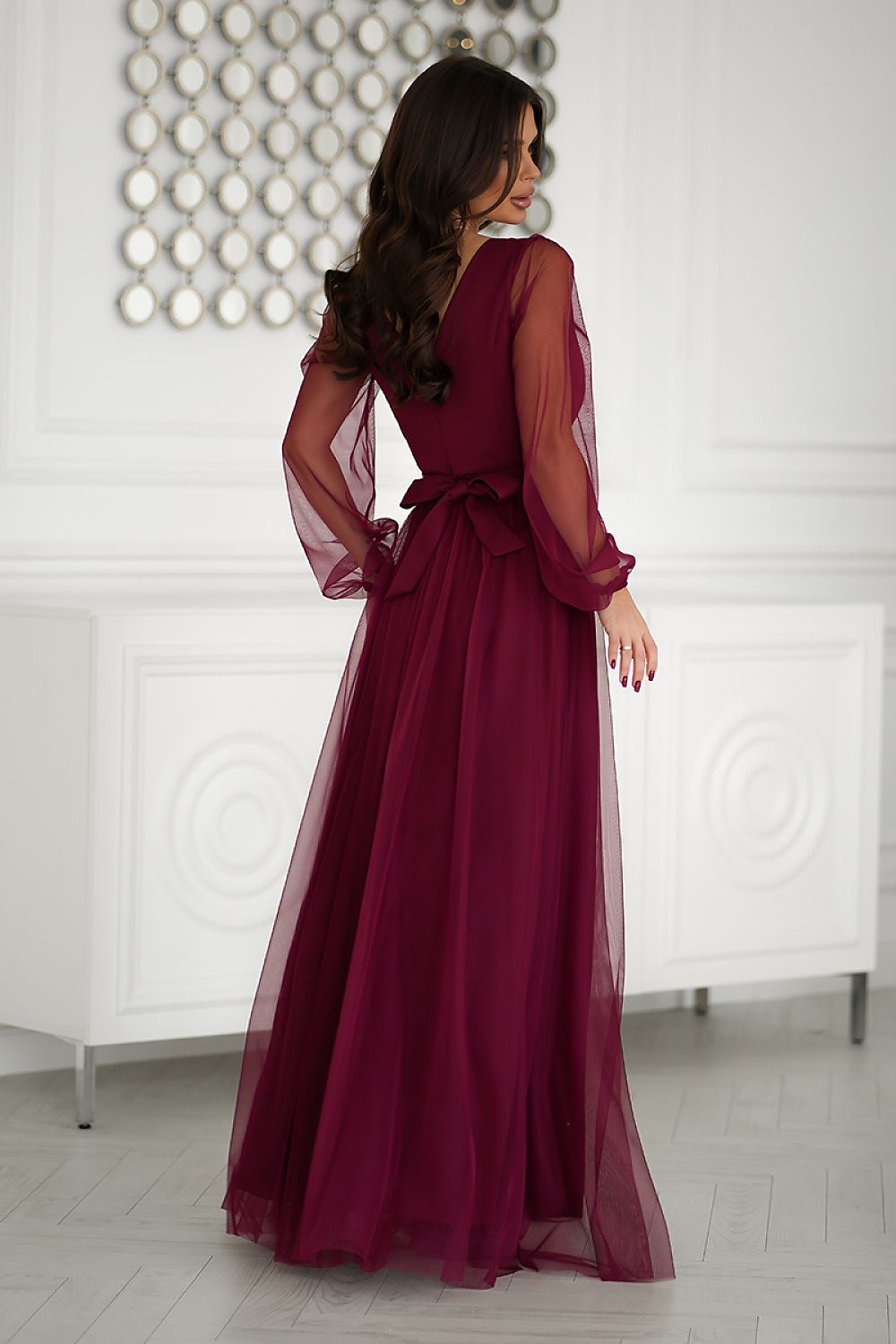 red belted long dress detail view