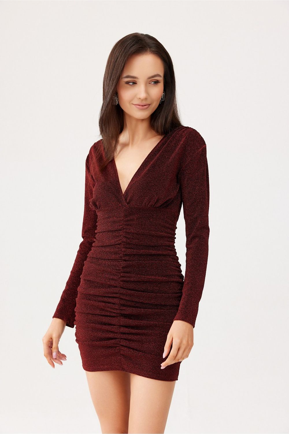 red long sleeve v-neck short dress front view