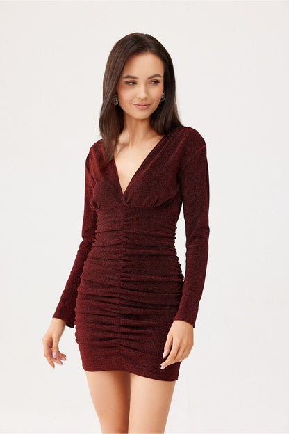red long sleeve v-neck short dress front view