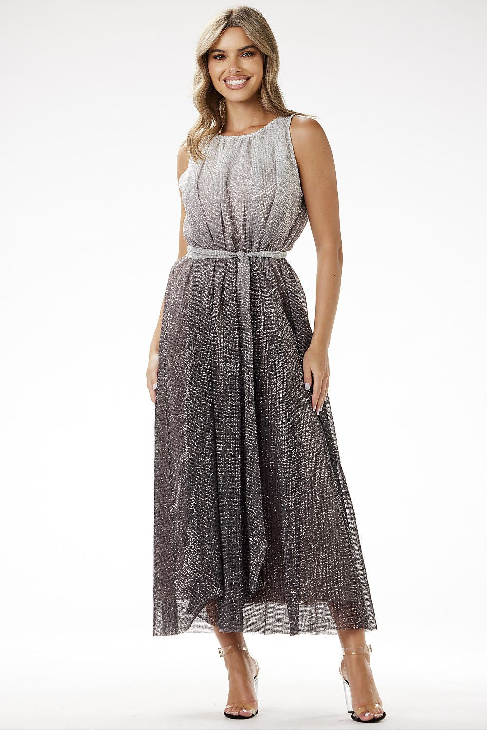 grey satin sequin long dress front view