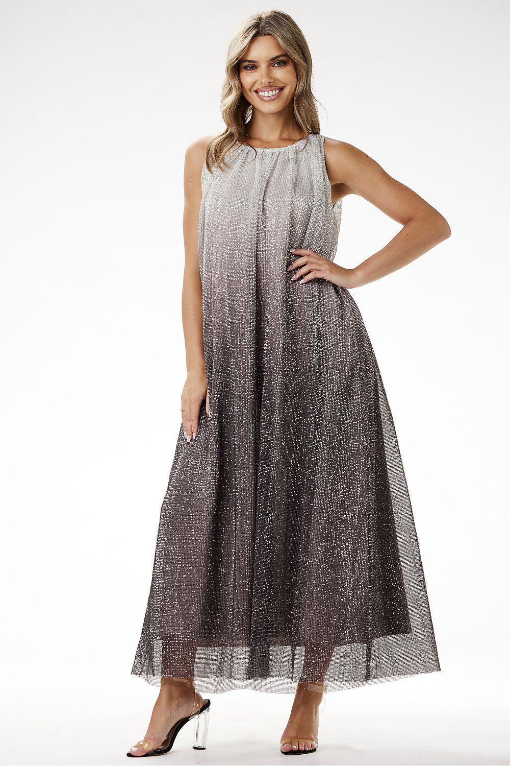 grey satin sequin long dress alternate angle