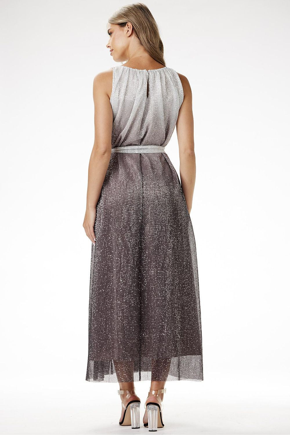 grey satin sequin long dress detail view