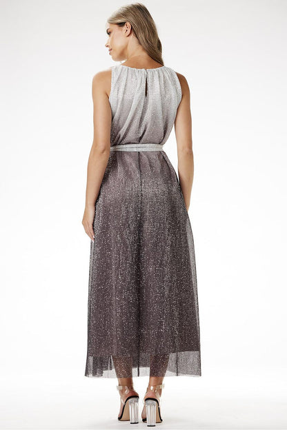 grey satin sequin long dress detail view