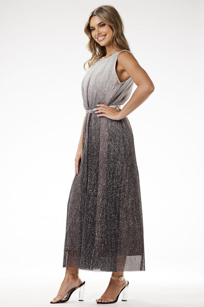 grey satin sequin long dress back view