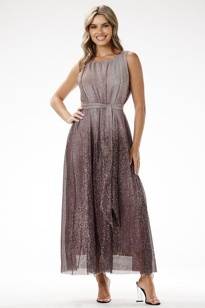 grey satin sequin long dress side view