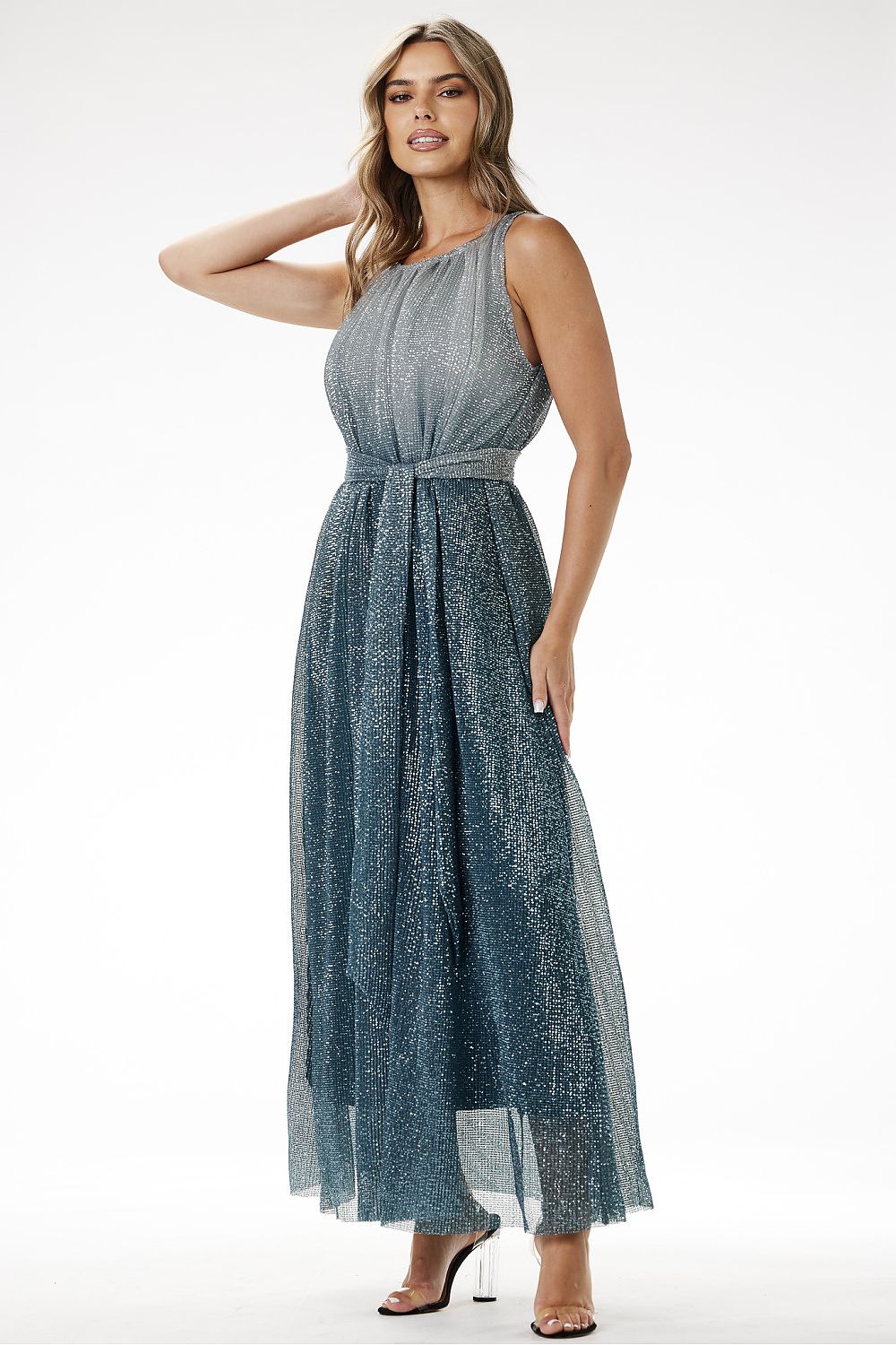 grey satin sequin long dress view 12