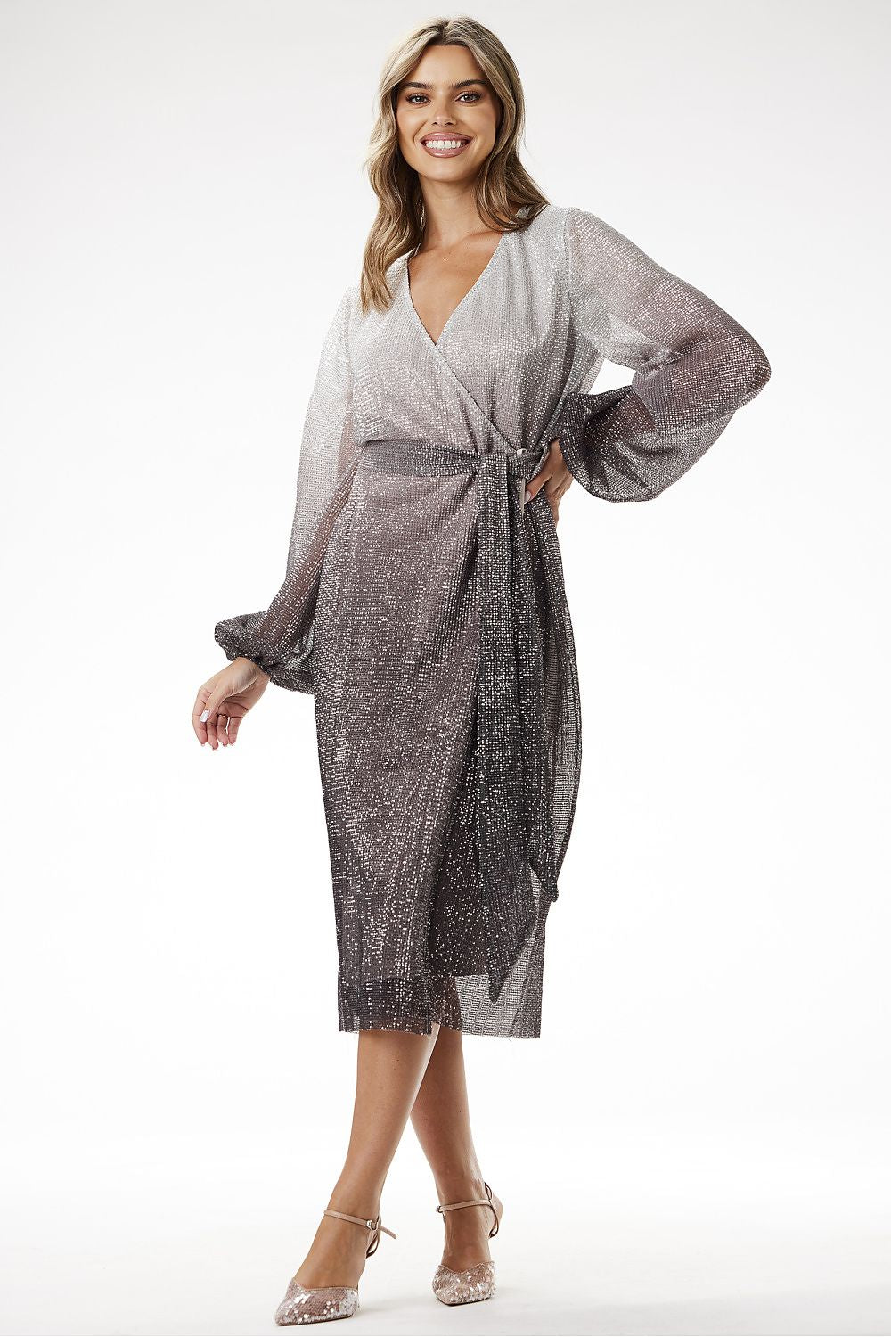grey satin sequin dresses alternate angle