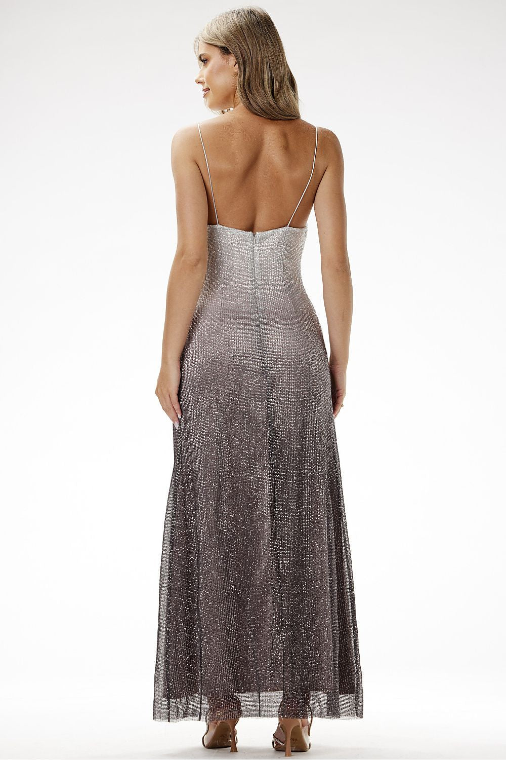 grey satin sequin long dress detail view