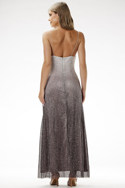 grey satin sequin long dress detail view