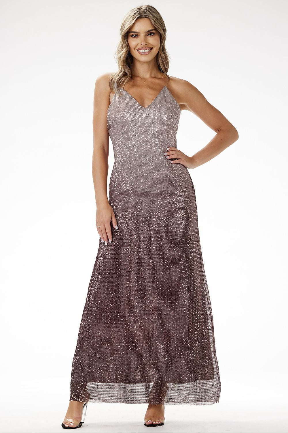 grey satin sequin long dress back view