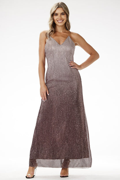 grey satin sequin long dress back view