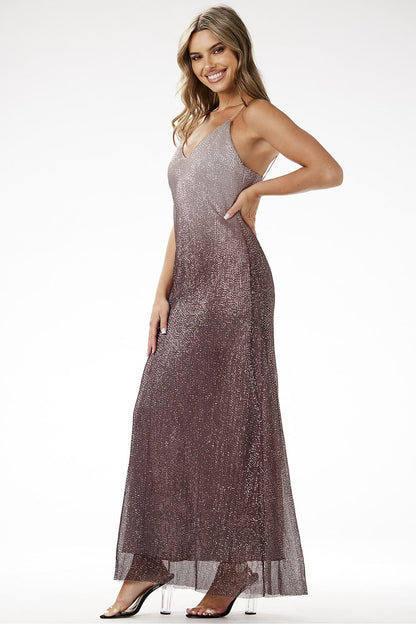 grey satin sequin long dress side view