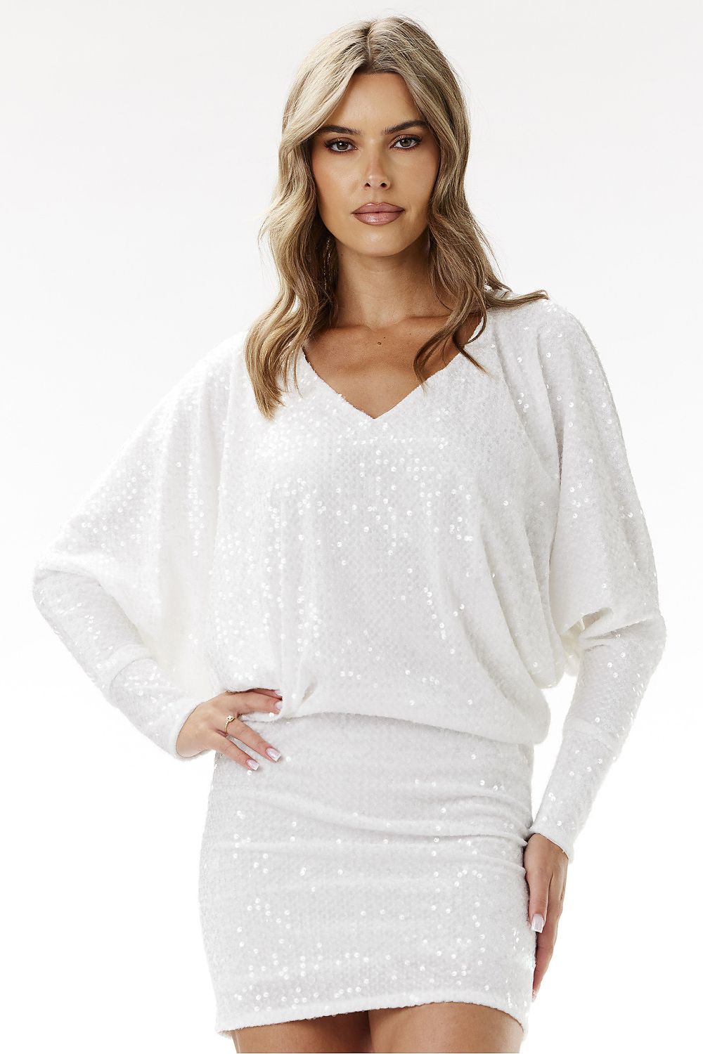 white wrap sequin evening dress front view