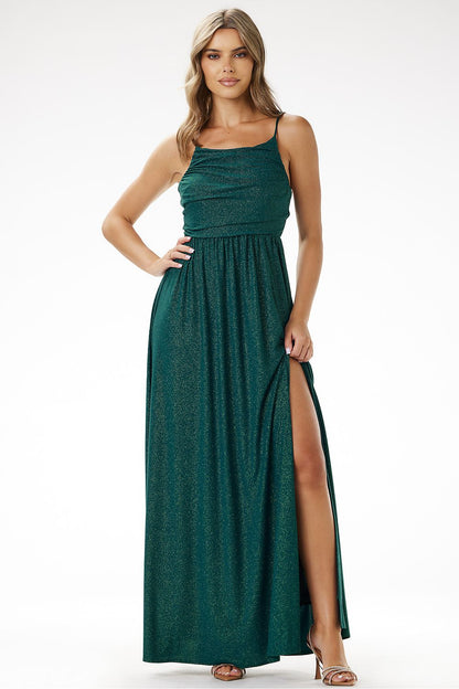 green strapless maxi long dress front view