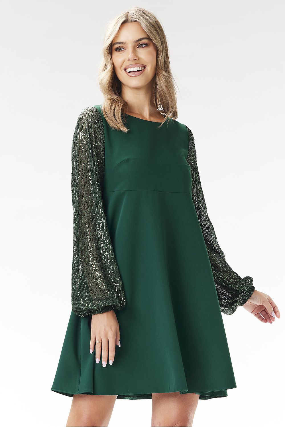 green sequin mini evening dress front view