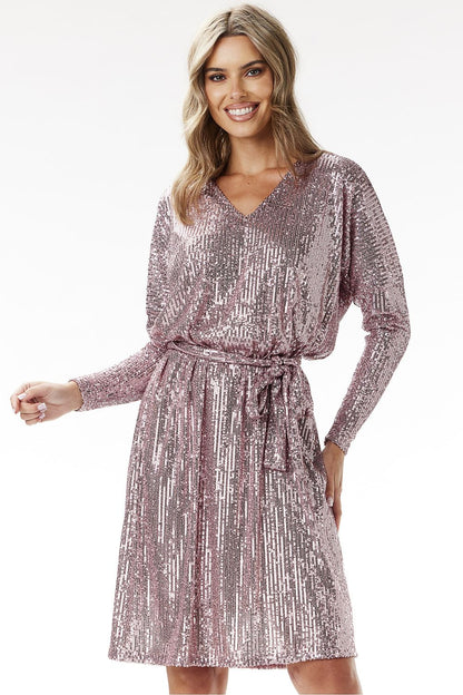 pink sequin v-neck dresses front view