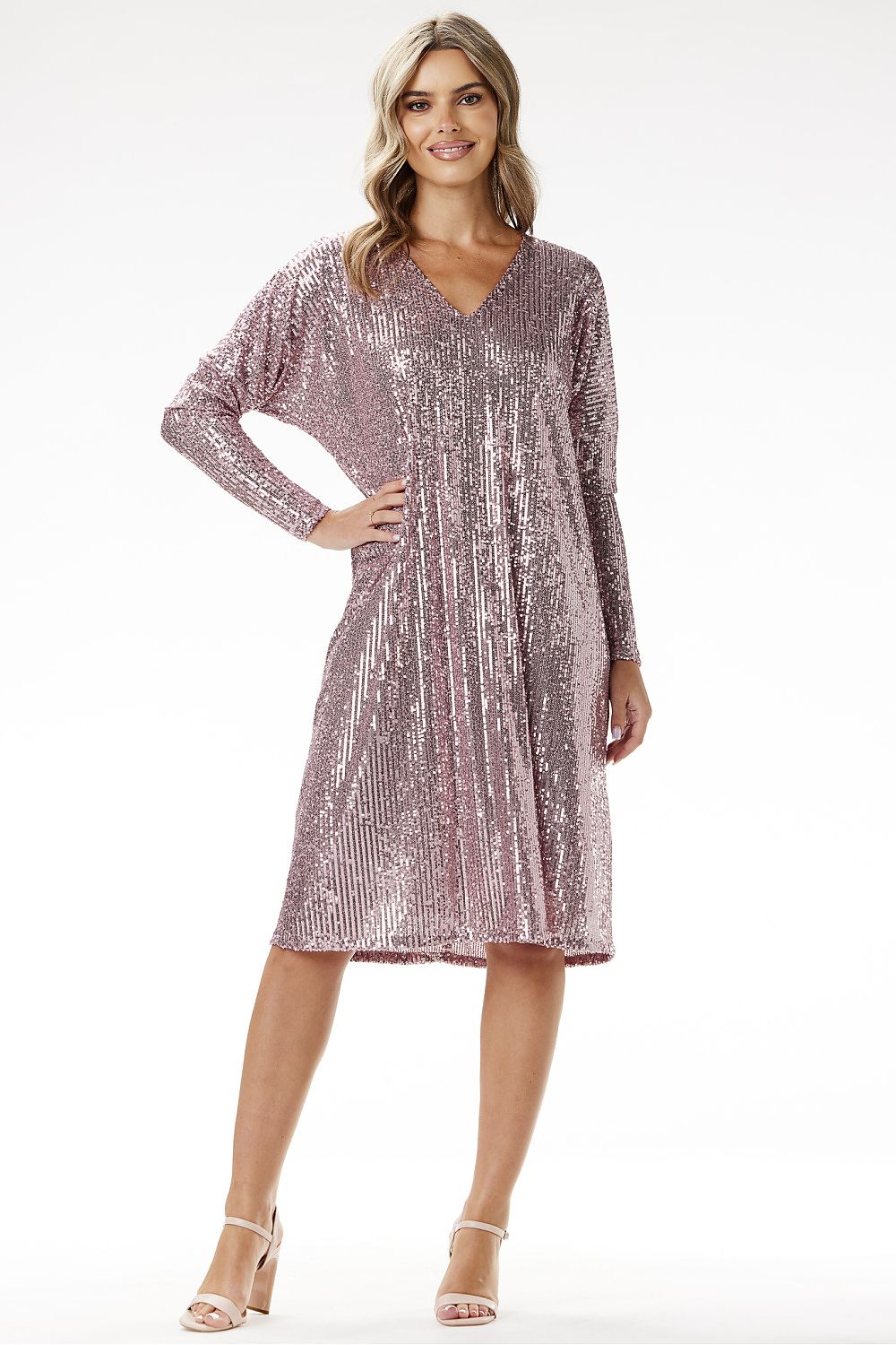 pink sequin v-neck dresses alternate angle