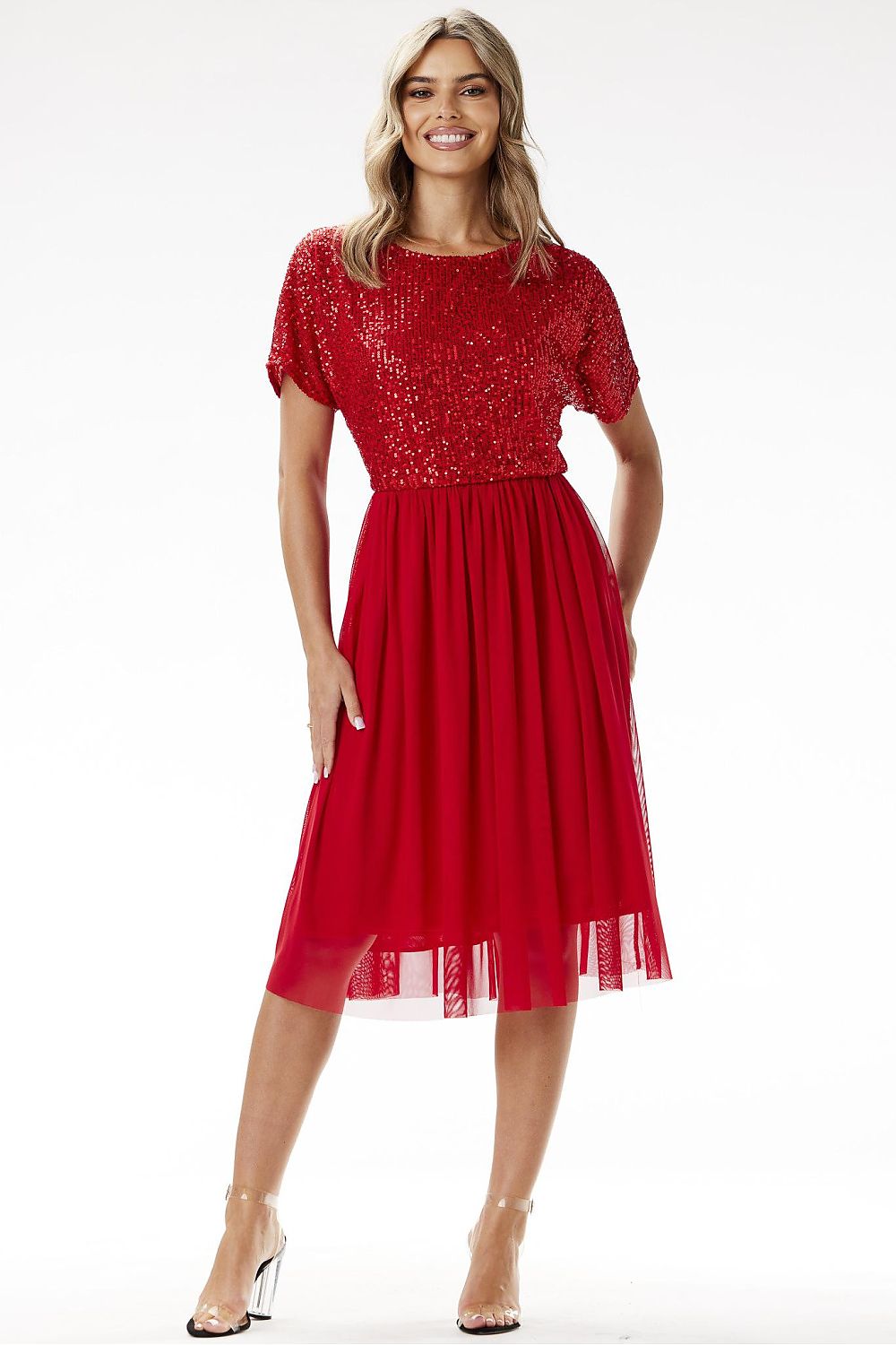 red wrap tulle evening dress alternate angle