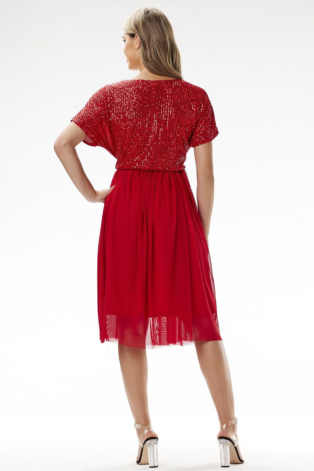 red wrap tulle evening dress detail view