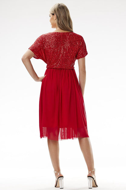 red wrap tulle evening dress detail view