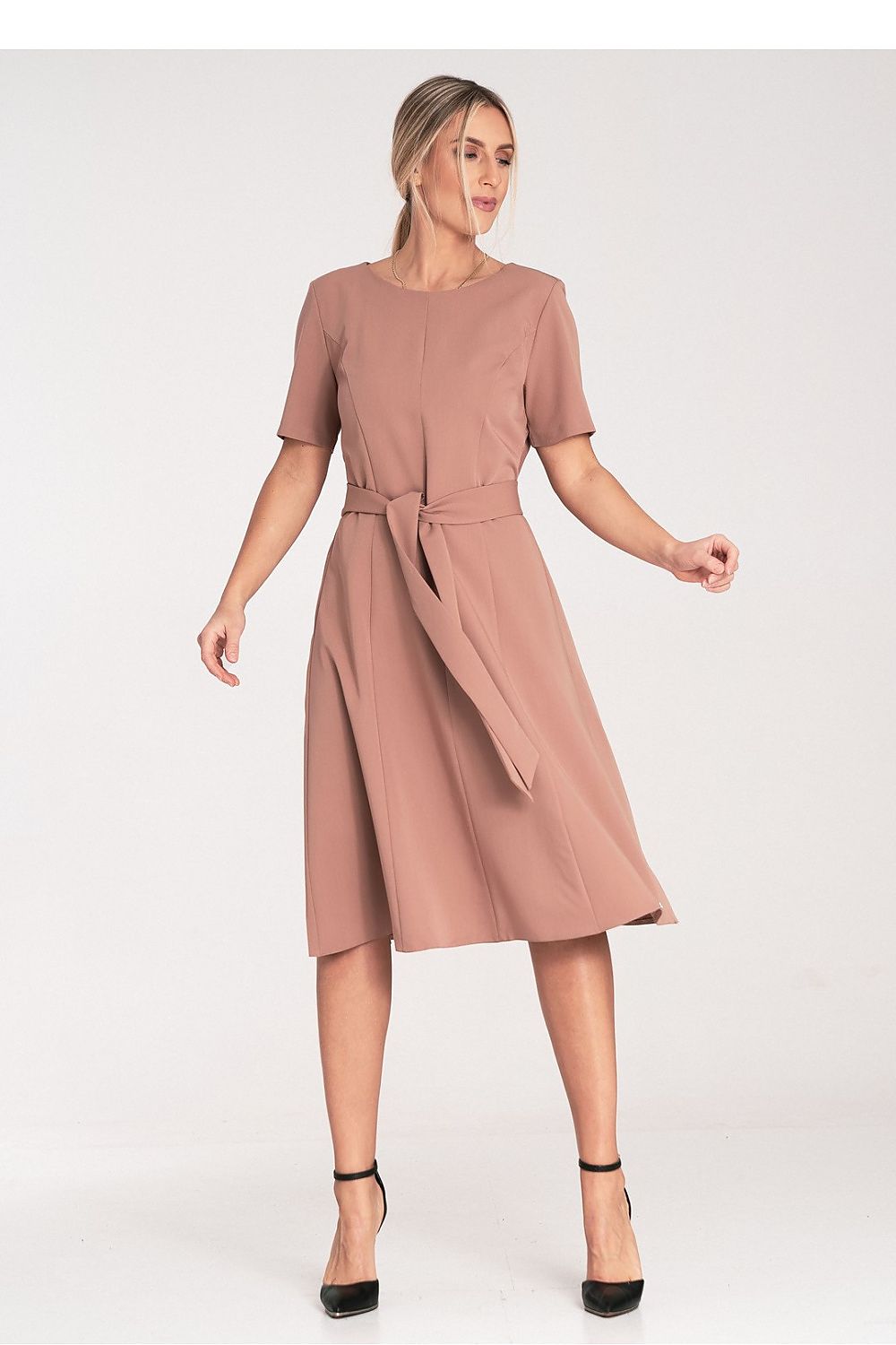 beige belted short sleeve day dress alternate angle