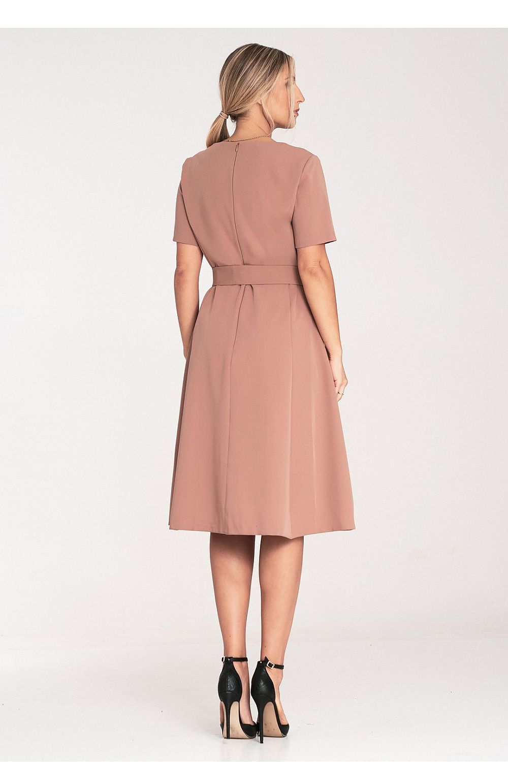 beige belted short sleeve day dress detail view