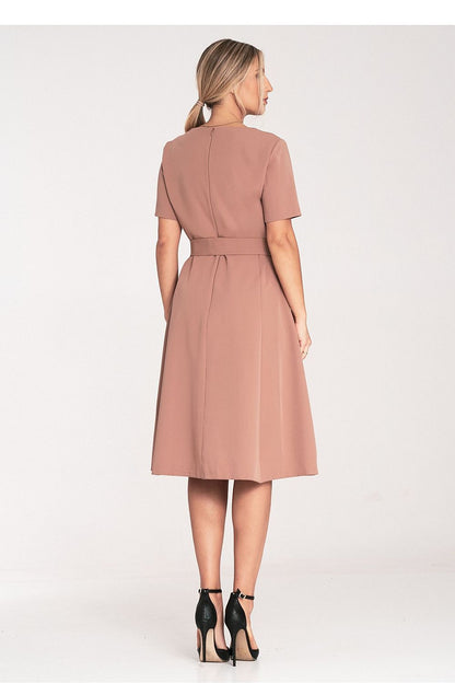 beige belted short sleeve day dress detail view