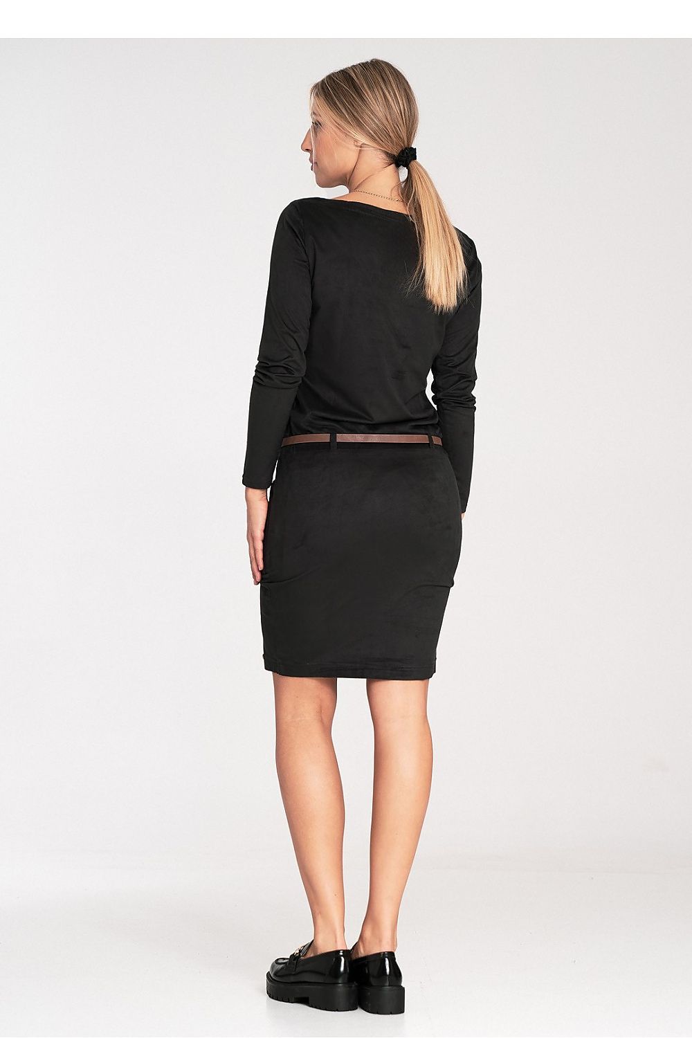 black belted long sleeve day dress alternate angle