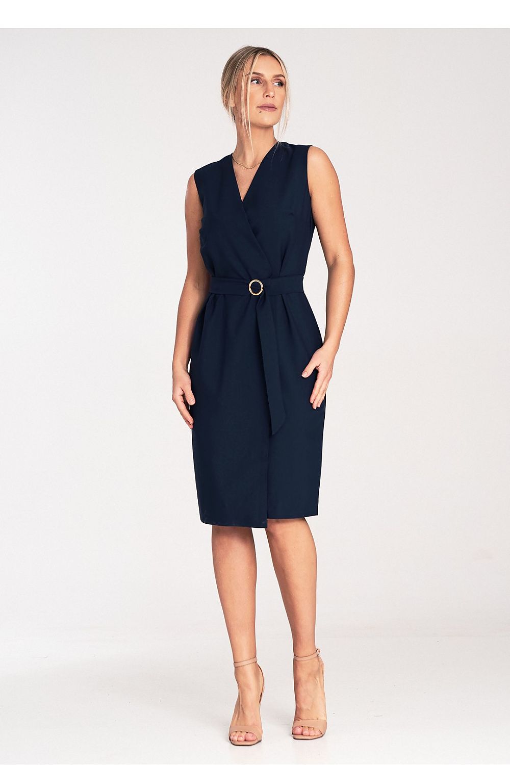 navy blue wrap pencil day dress front view