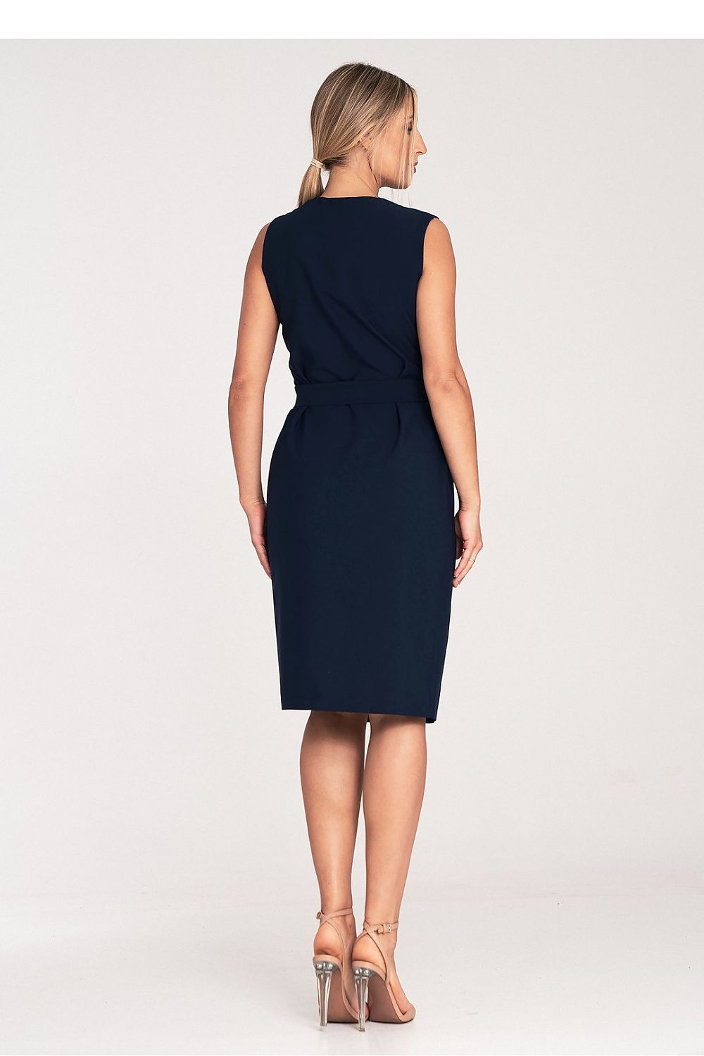 navy blue wrap pencil day dress detail view