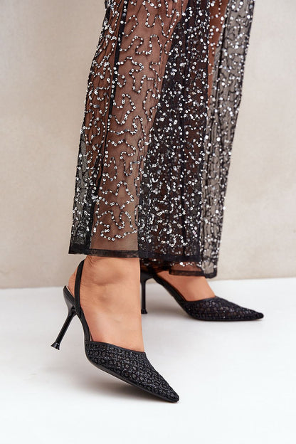 black sequin high heels front view