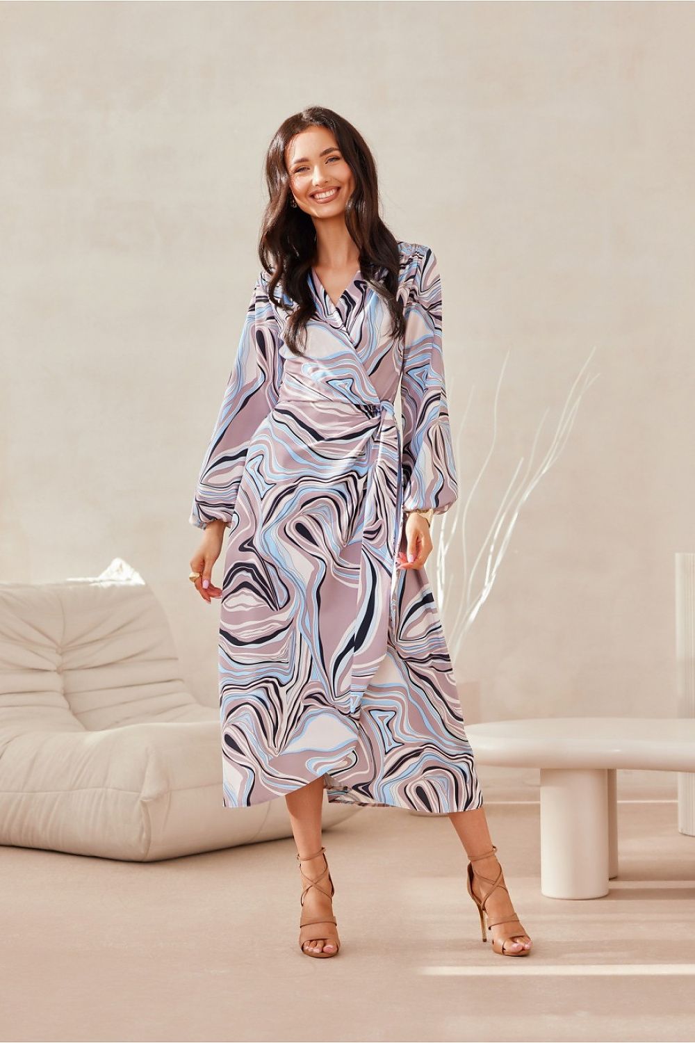 multicolor wrap flared day dress back view