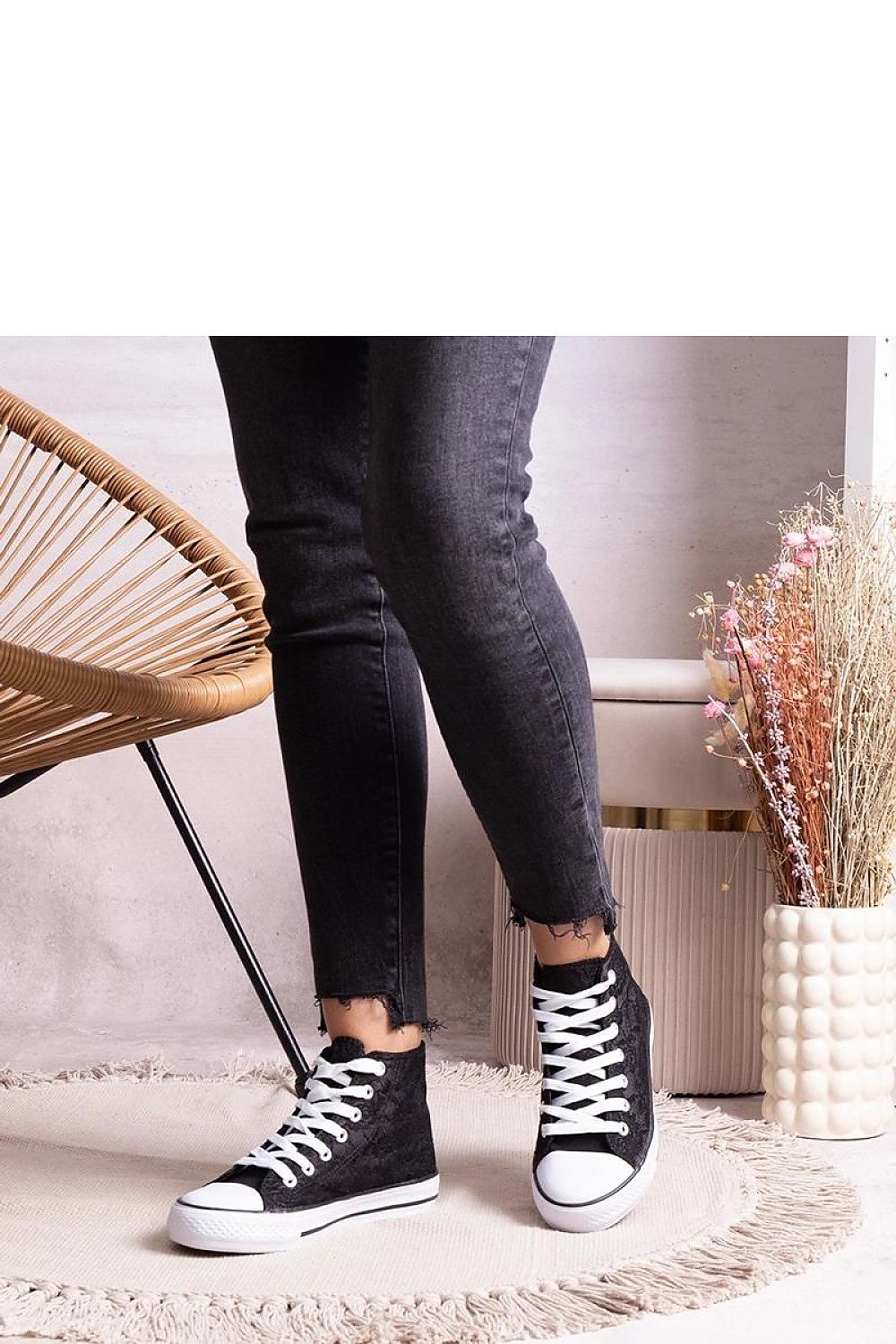 black lace sneakers detail view