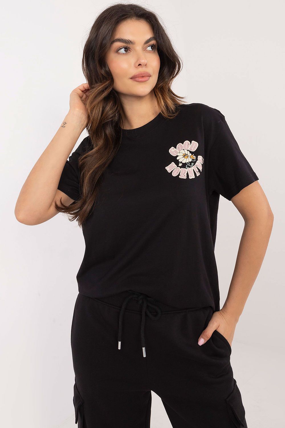 Women's Black, Pink, and Green T-shirt front view