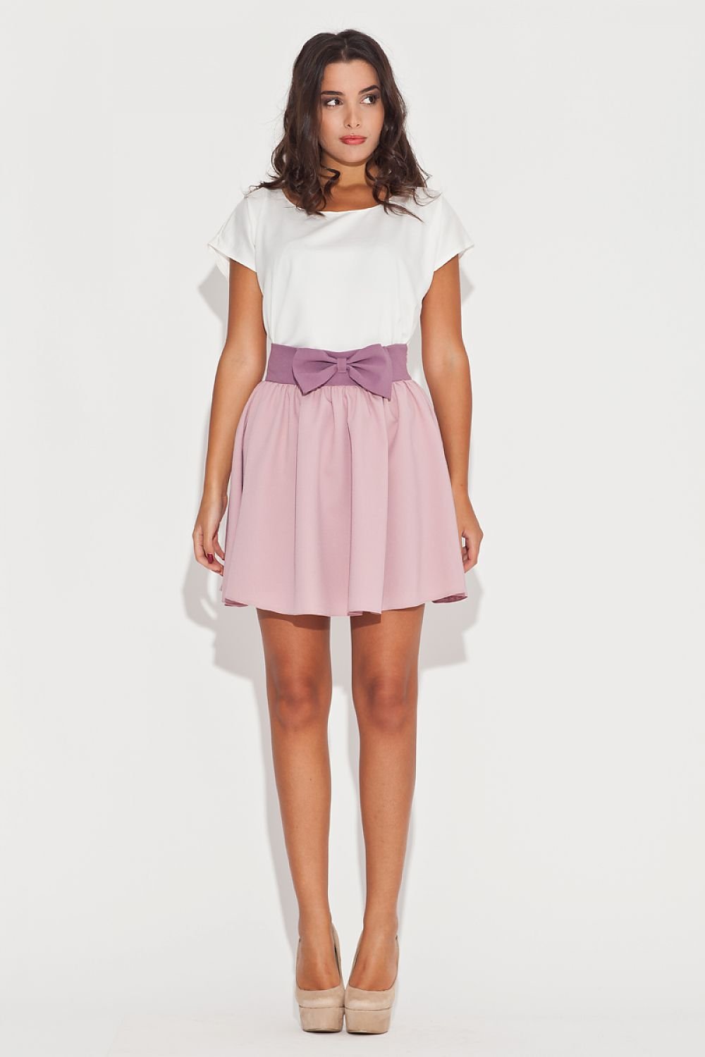 pink flared belted skirt front view